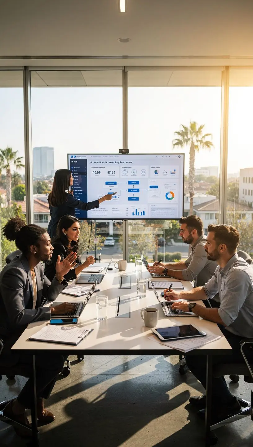 Photo of a team meeting with diverse professionals discussing process automation strategies.